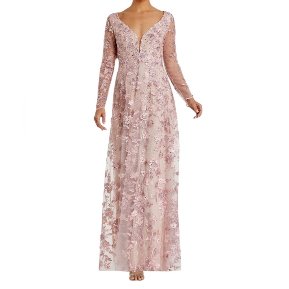 NEW Mac Duggal Pink Floral Applique Long Sleeve Illusion Homecoming Wedding Gown